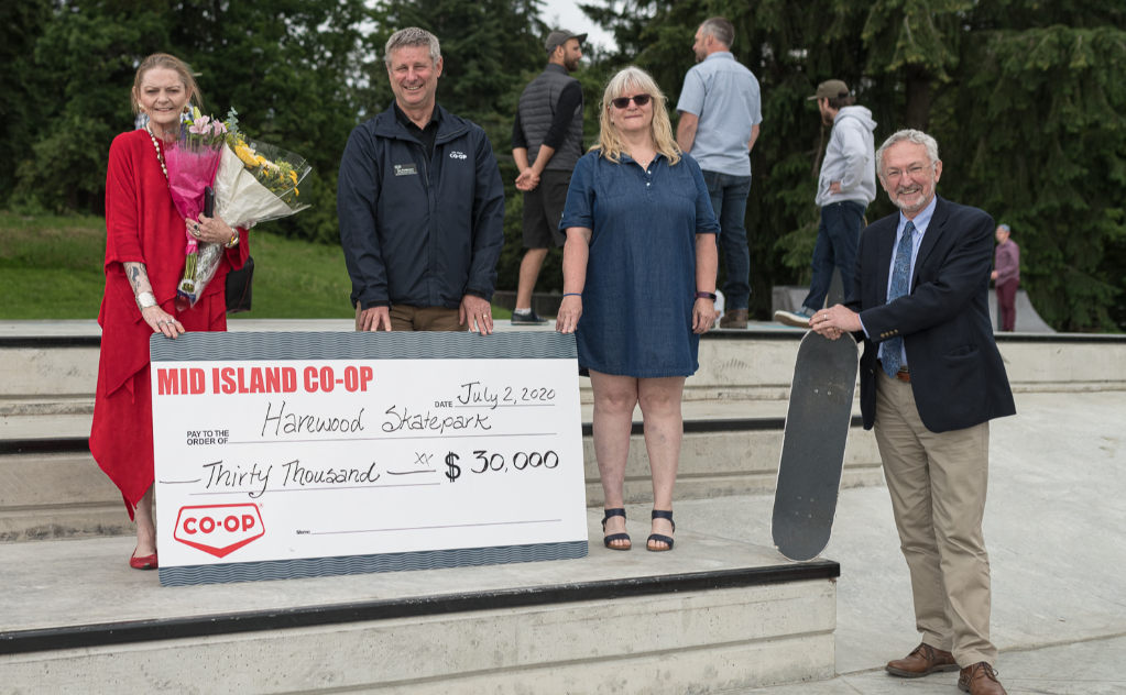 Co-op presents a cheque for $30,000 for the Harewood Skatepark in Nanaimo